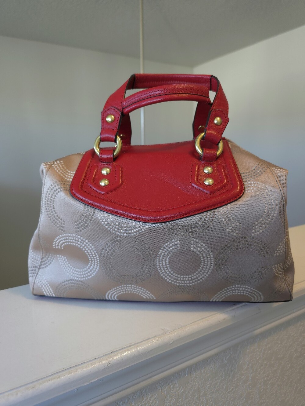 Coach Ashley Dotted Op Art Beige Red Carryall Satchel #F20027 - Picture 7 of 16